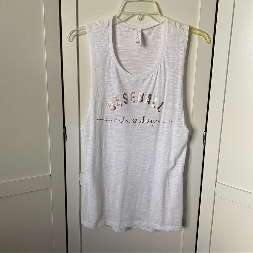 Bella canvas white “Baseball all day” tank shirt. Size Large.